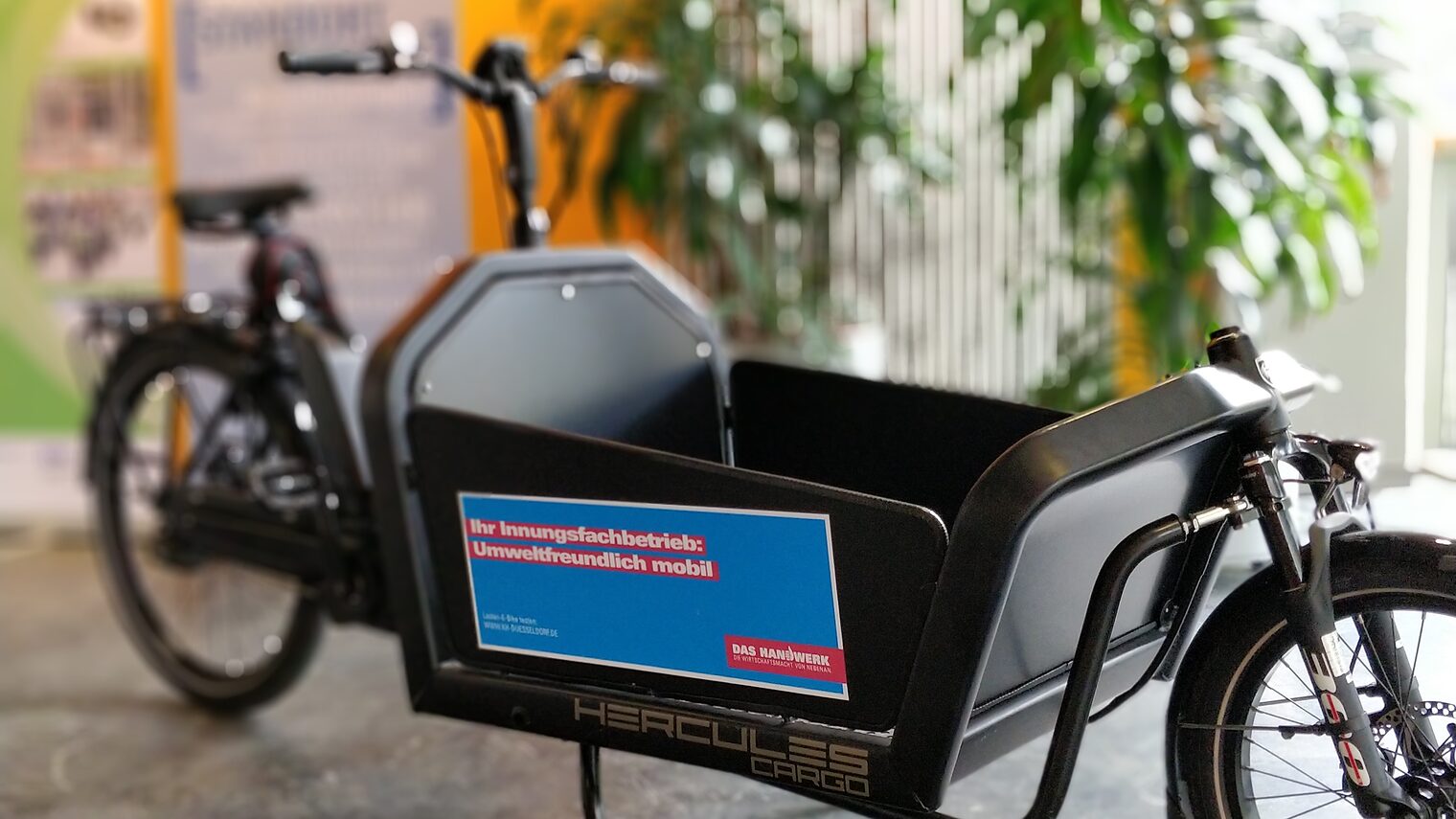 Ein Lastenrad steht als Schaustück in einem Raum