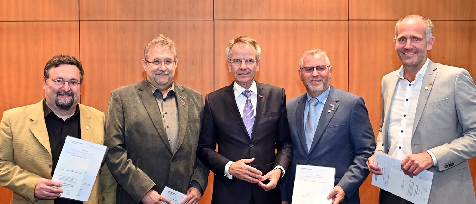 Obermeistervorstellung (v. l.): Guido de Nardo, Peter Maxisch, Kammerpräsident Andreas Ehlert, Karl-Heinz Ißling und Thomas Klode