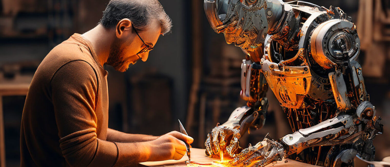 Mann und Roboter arbeiten gemeinsam an Werkbank.