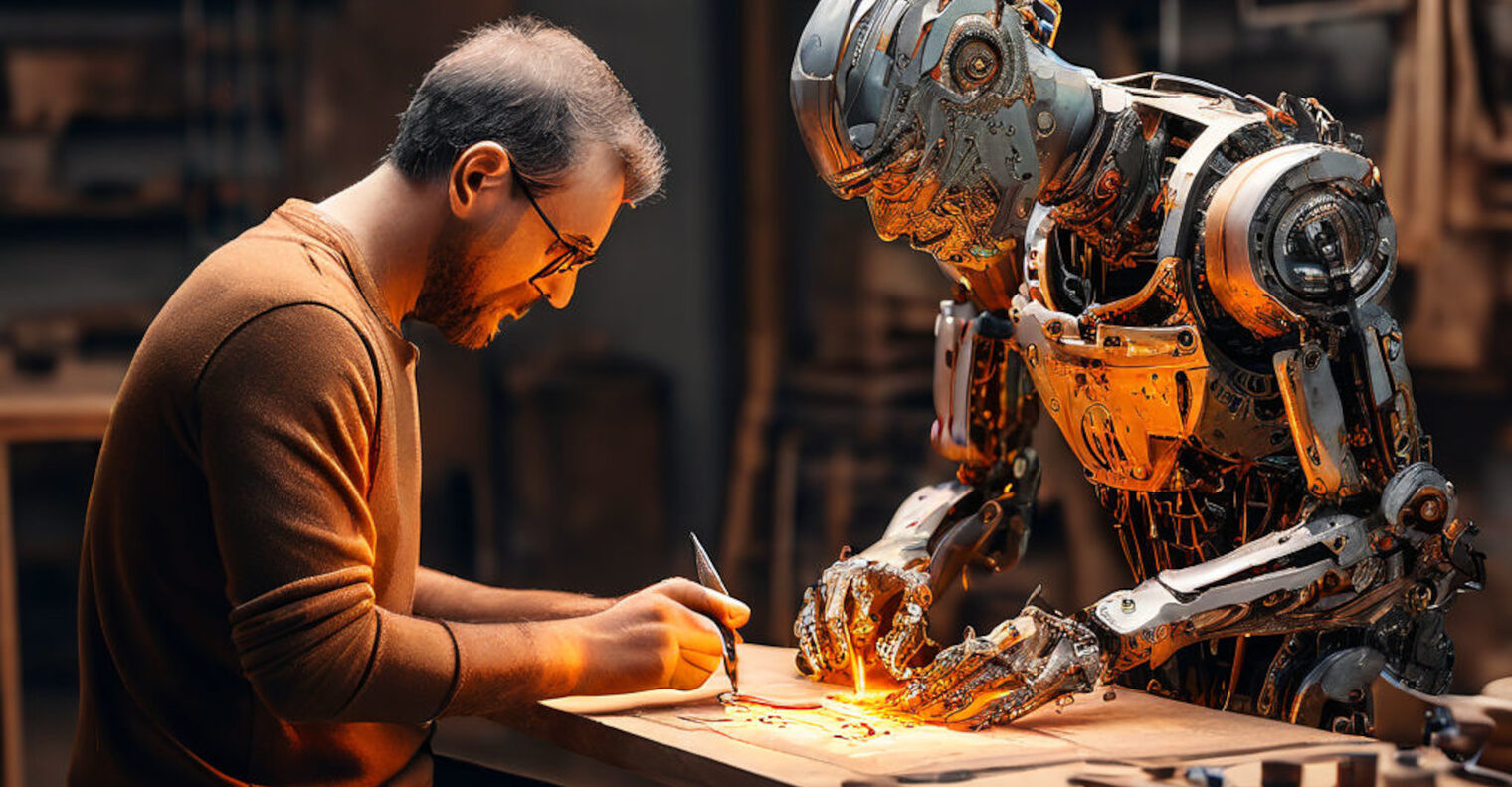 Mann und Roboter arbeiten gemeinsam an Werkbank.
