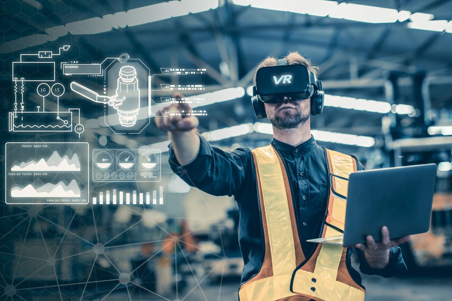 Mann mit VR-Brille in einem modernen Lagerbetrieb