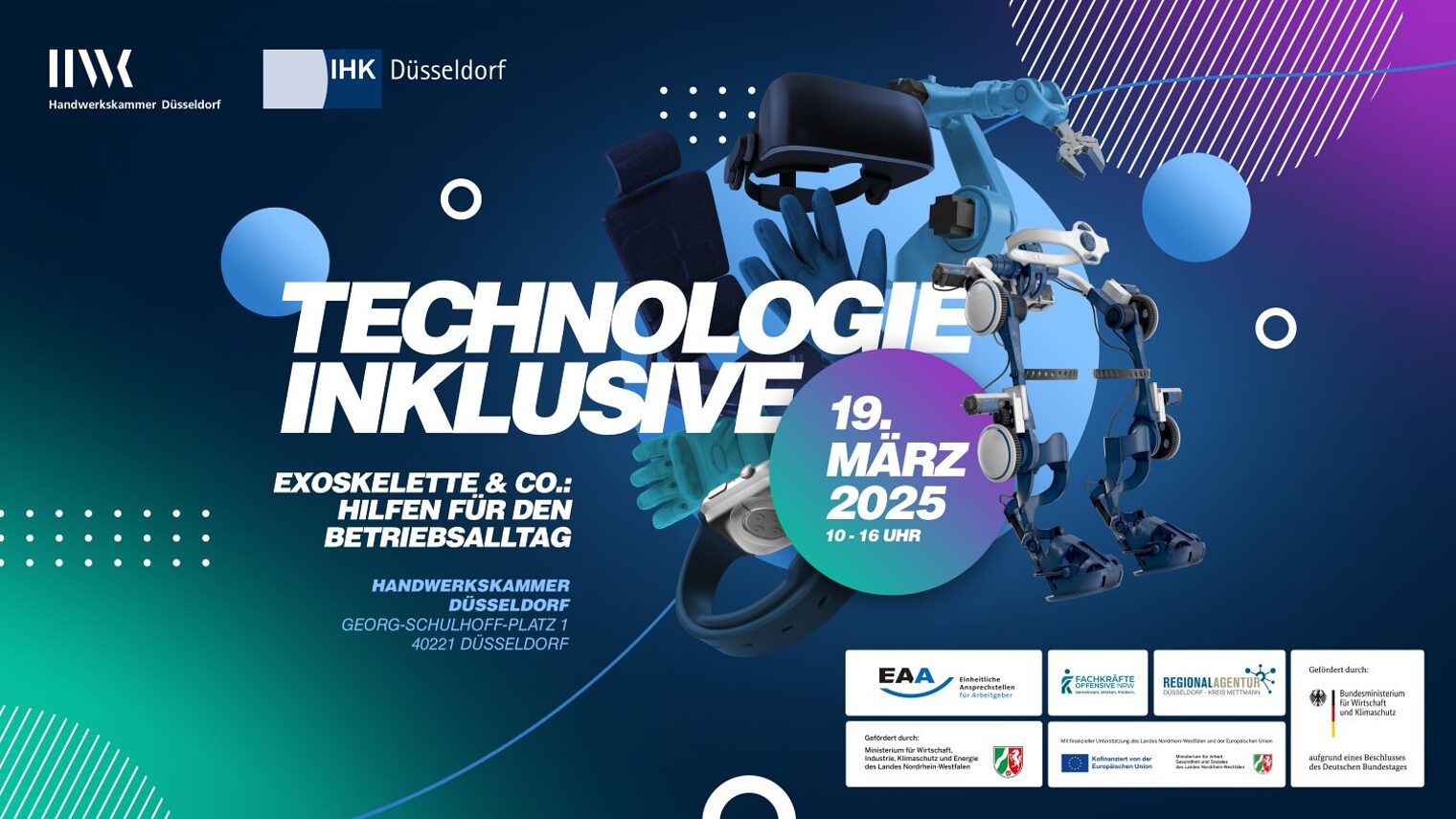 Illustration eines Exoskeletts mit Text "Technologie inklusive" und Datumsangabe