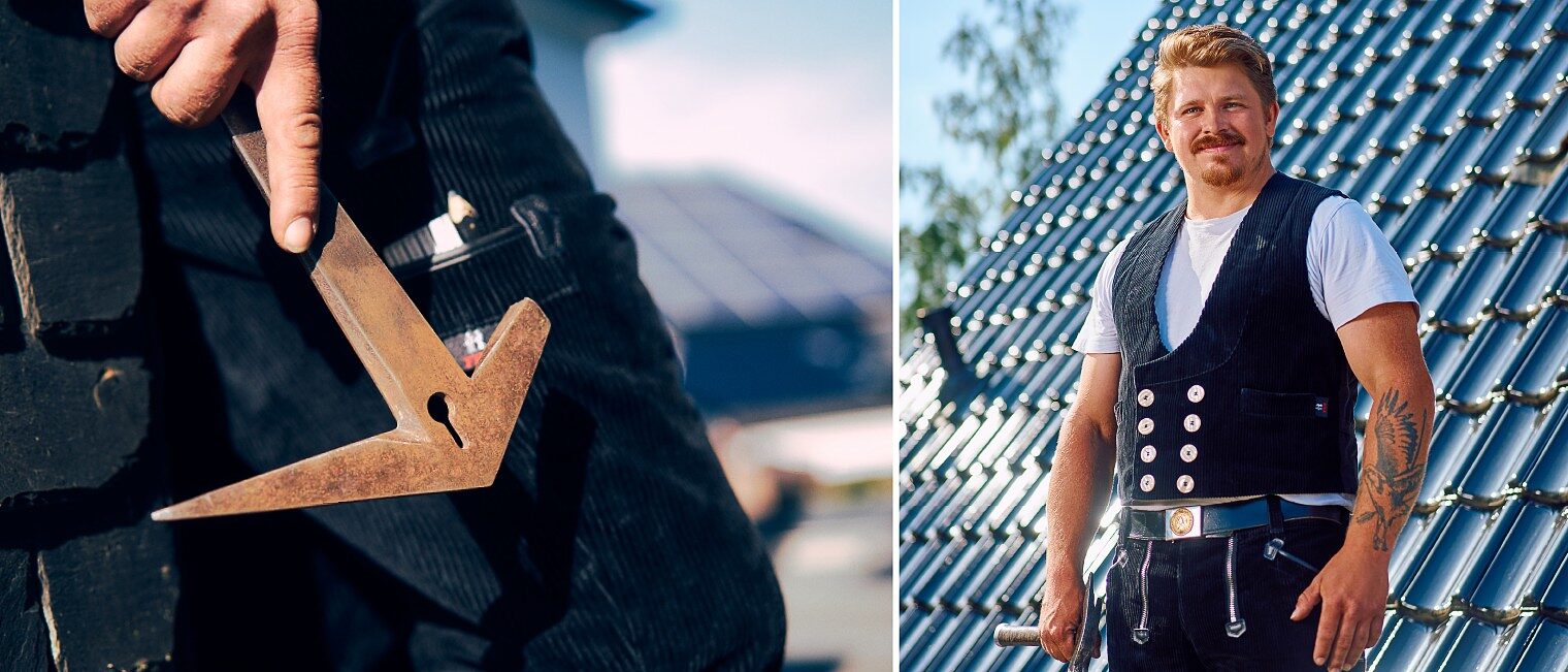 2-teiliges Foto: links Detail eines Dachdeckerwerkzeugs in der Hand, rechts ein Dachdecker, der stolz in die Kamera schaut.
