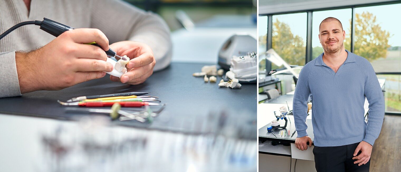2-teiliges Foto: links Detail eines Zahntechnikerwerkzeugs, rechts ein Zahntechniker, der stolz in die Kamera schaut.