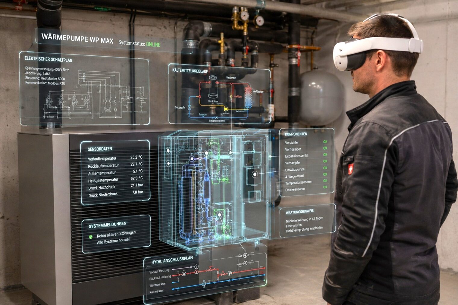 Ein Installateur schaut durch eine VR-Brille auf eine Wärmepumpe, die ihm Informationen liefert.